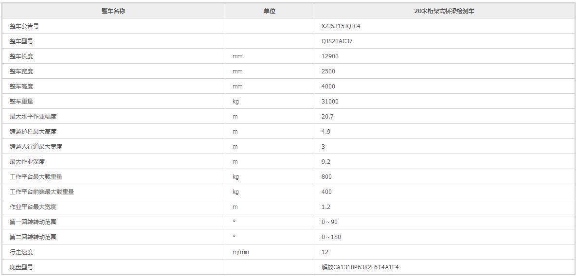 20米橋梁檢測車參數表